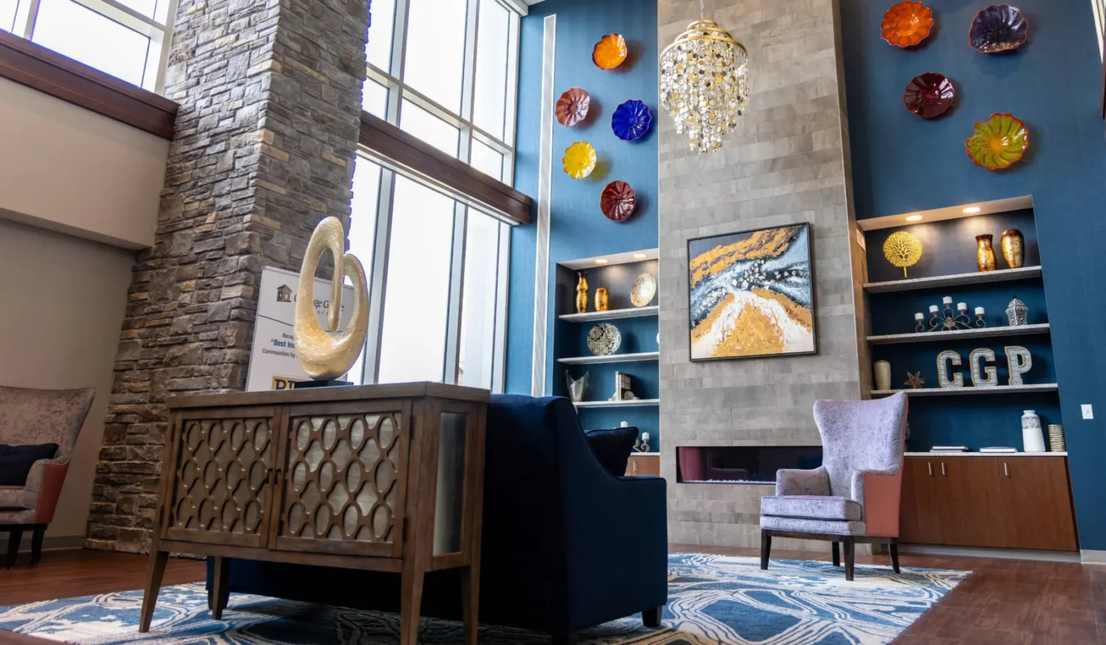 Spacious lounge area inside Cottage Grove Place with comfortable seating