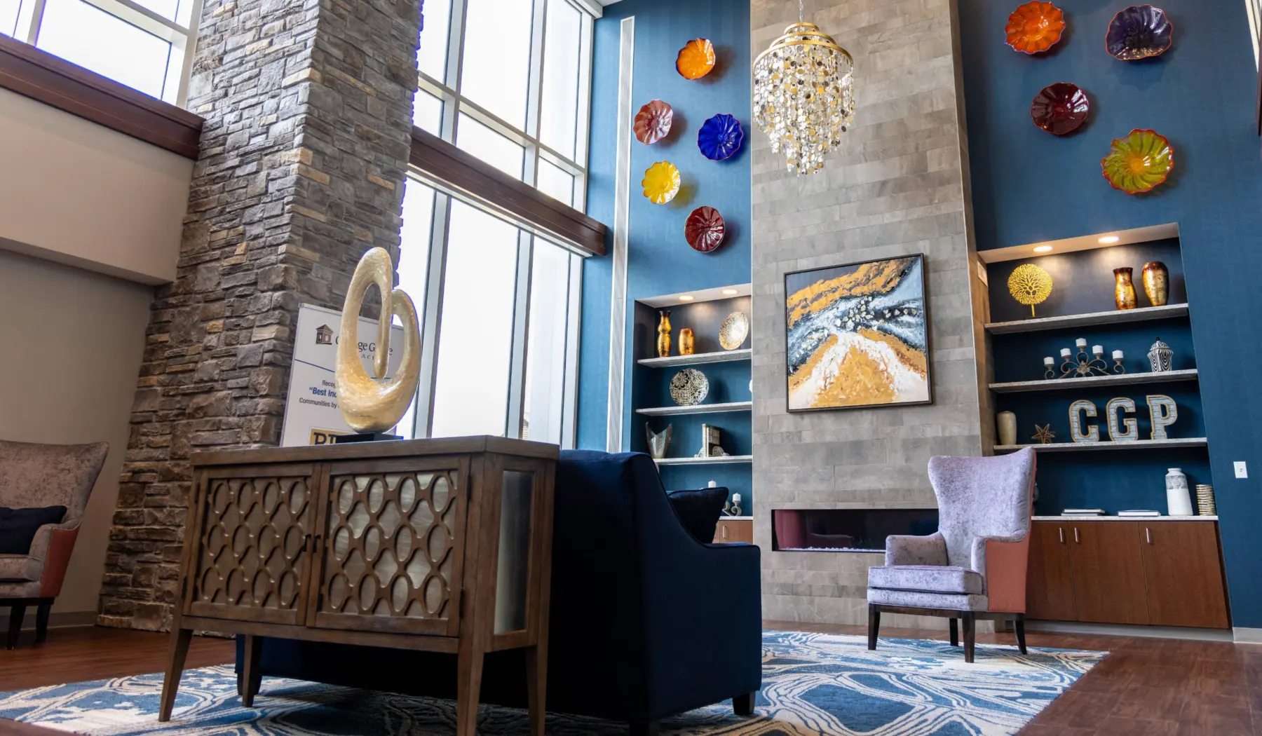 Spacious lounge area inside Cottage Grove Place with comfortable seating