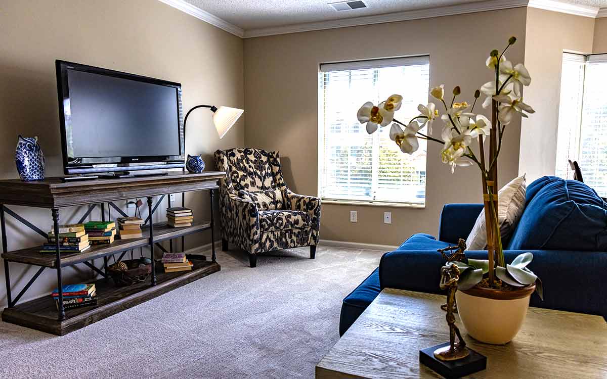 Spacious living room in a Cottage Grove Place apartment with natural light