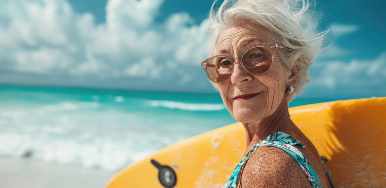 A senior woman with a surfboard, ready to ride the Silver Tsunami