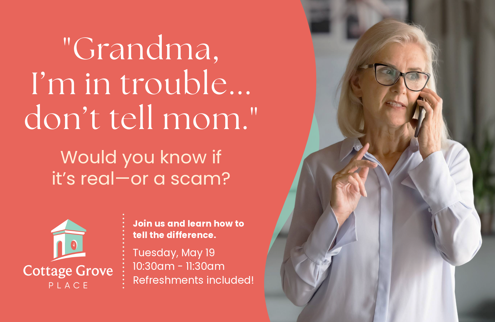 A postcard for Cottage Grove Place's May 19 Financial Literacy event