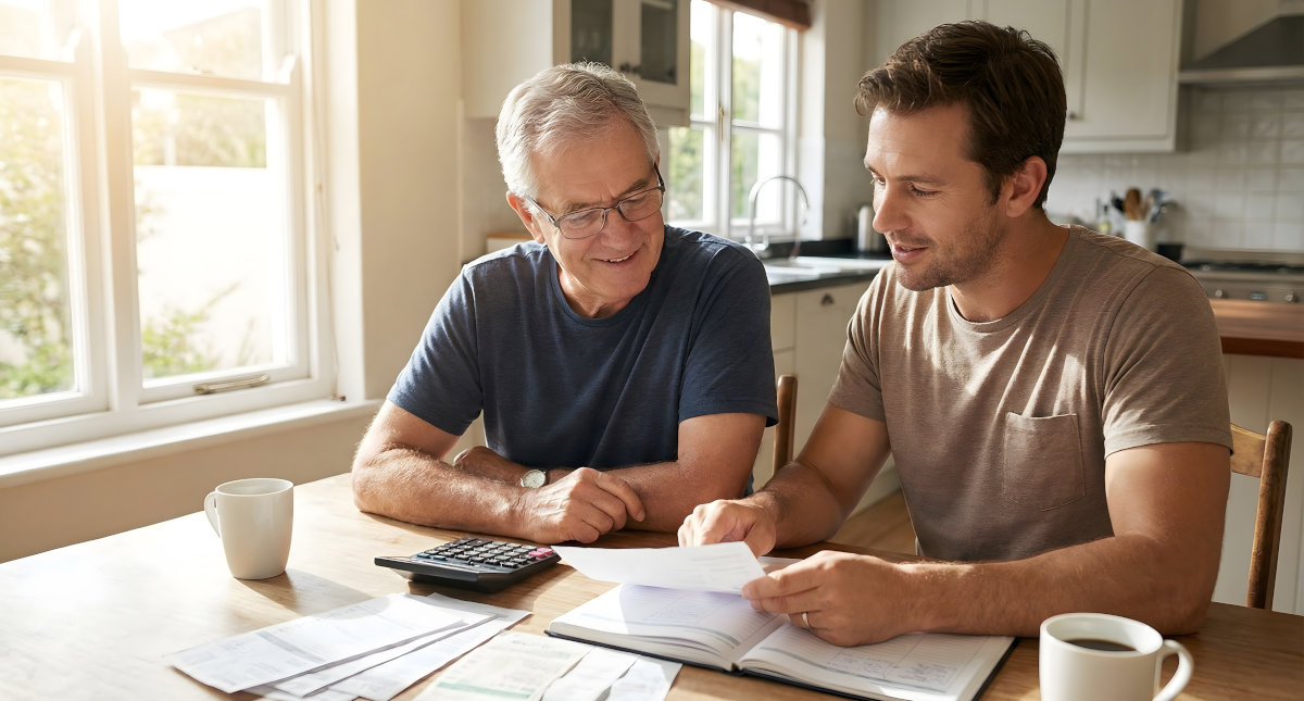 An adult son helps his senior father manage his monthly care expenses