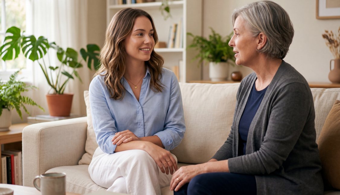 an adult daughter talking to her mother about assisted living